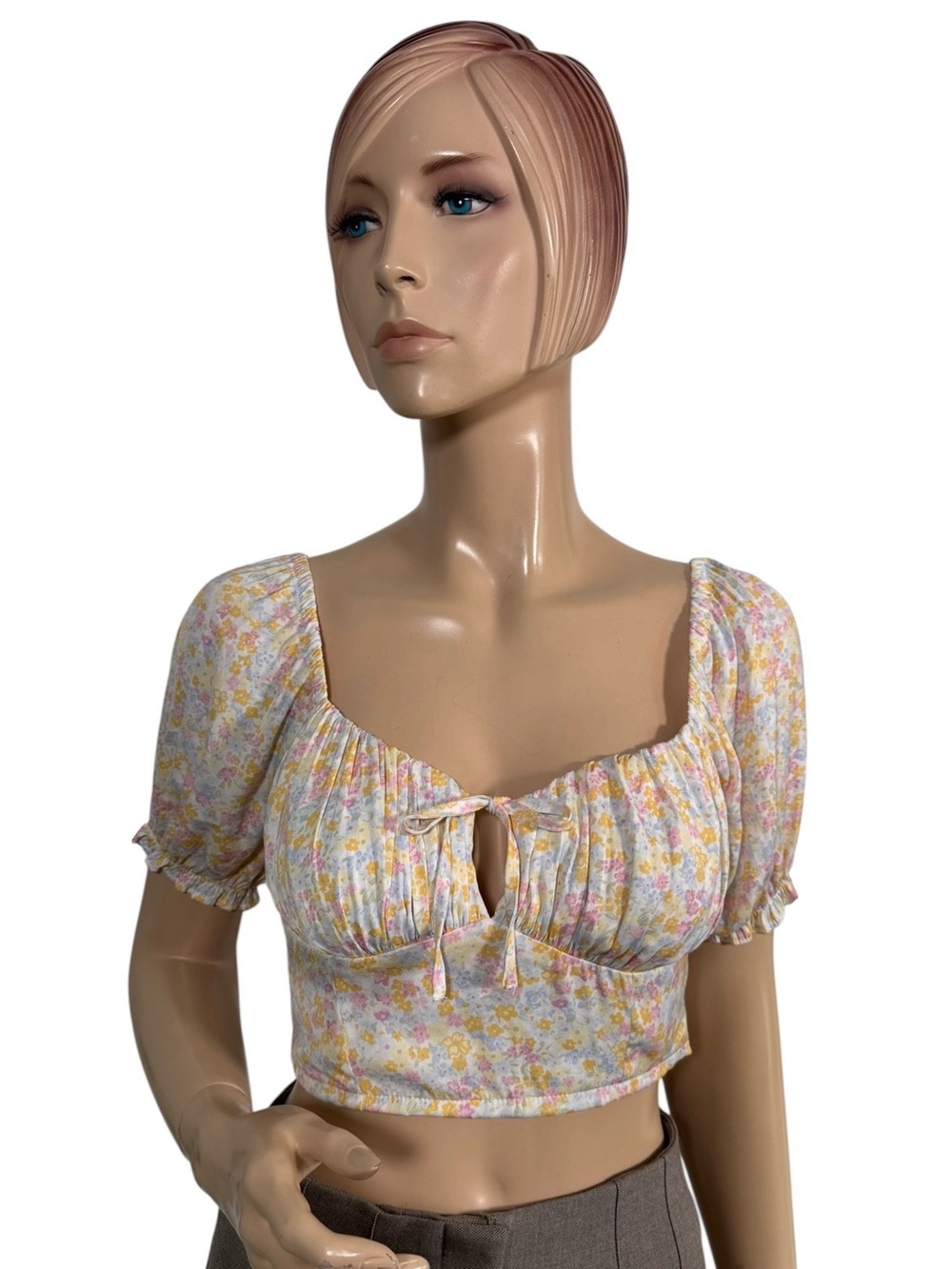 GLASSONS Floral Smocked Puff Sleeve Tie Front Crop Top Size 8